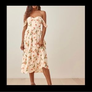 Reformation Violet Dress | cream & floral print | off-the-shoulder | new